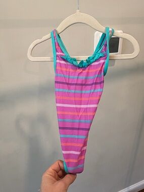 Patagonia Girls' Pink Stripe One-Piece Swimsuit with Teal Trim